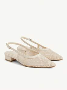 CUCCOO CHICEST Women Shoes Pointed Coarse Heel Light Apricot Lace Mesh Back Lift Sexy Fashion Elegant Daily Versatile Slingback Shoes - Champagne - View 3