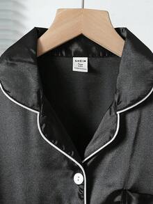 2pcs Teenage Boys' Casual Text Graphic Print Blue Poplin Short Sleeve Top And Shorts Pajama Set - Black - View 4