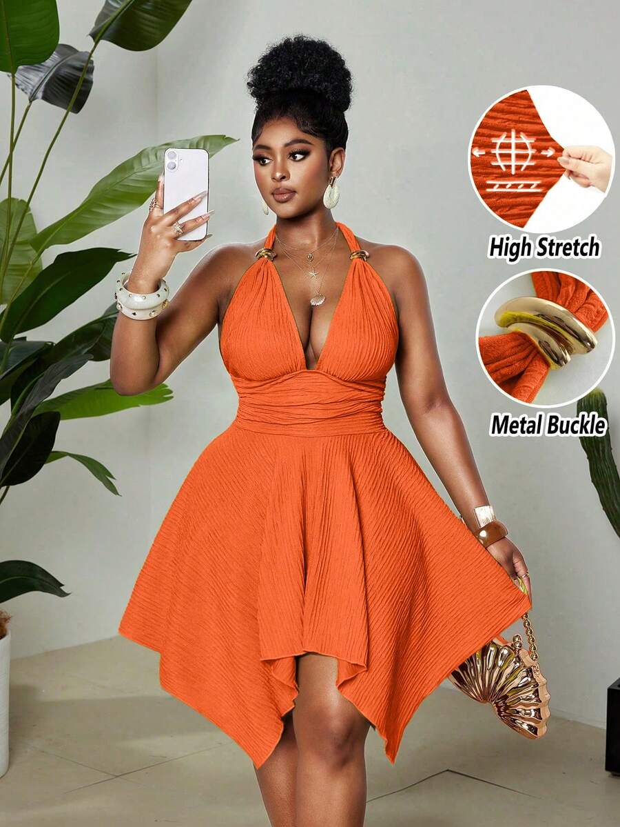 Maweii Plus Size Women's Burnt Orange Summer 70's Party Rave Holiday Dress,Jacquard High Stretch Halter Neck,Metal Decor,Asymmetric Hem Backless,Versatile - Orange - View 1