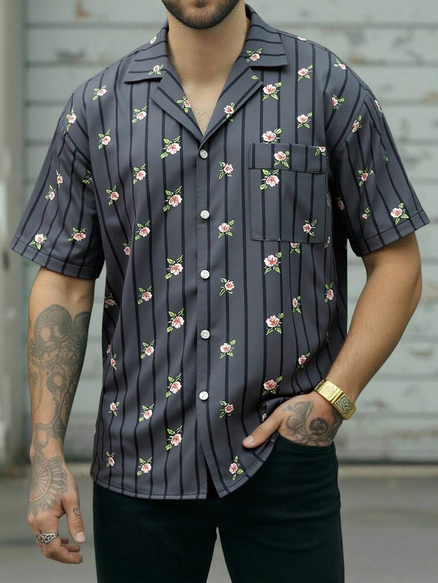 EGENSIO Men's Black Rose Striped Print Button-Front Short Sleeve Shirt - Black - View 1