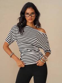 Glamine Damen Schwarz-Weiß gestreiftes asymmetrisches Kurzarm T-Shirt - Weiss - Übersicht 1