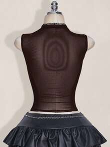 SHEIN ICON 加大码 Y2k 夏季黑色网纱透视性感水钻亮片女士水钻字母网纱露背紧身吊带背心 - 棕色 - 查看 2