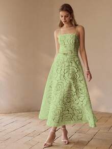 MOTF PREMIUM Vestido elegante francés, vestido de línea A con estampado de rosas sin tirantes para damas - Verde - Ver 3