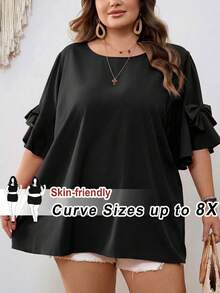 SHEIN CURVE+ Curve 尺码 US22 音乐节、海滨度假、波西米亚风女士蝴蝶结装饰圆领紫红色衬衫，夏季 - 黑色 - 查看 1