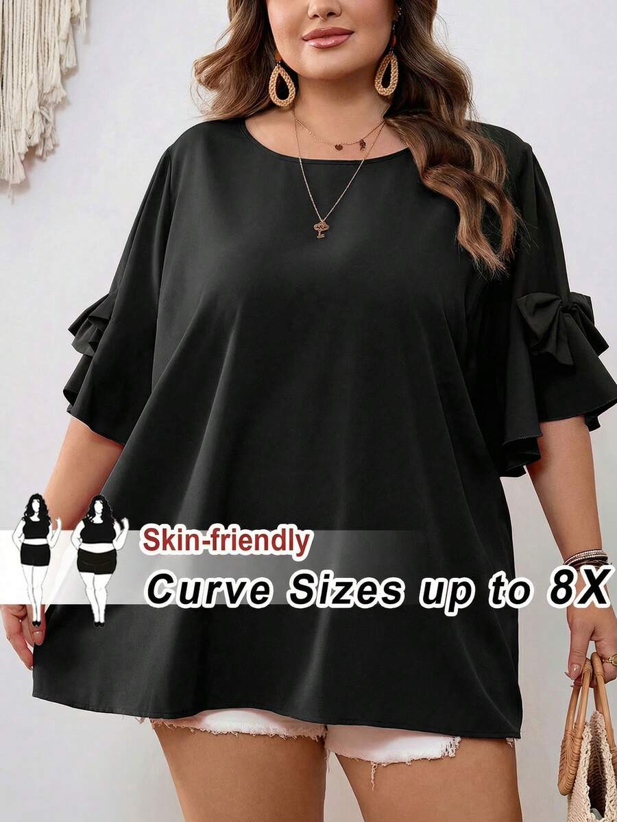 SHEIN CURVE+ Curve 尺码 US22 音乐节、海滨度假、波西米亚风女士蝴蝶结装饰圆领紫红色衬衫，夏季 - 黑色 - 查看 1