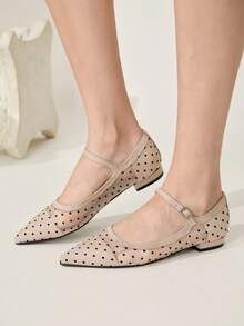 CUCCOO CHICEST Zapatos de mujer de punta estrecha y tacón bajo, con estampado de lunares en color albaricoque, malla y hebilla. Diseño de estilo sencillo y elegante, ideal para primavera y verano, versátil para uso diario y de oficina. - Albaricoque - Ver 1