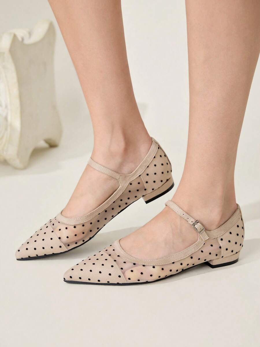 CUCCOO CHICEST Zapatos de mujer de punta estrecha y tacón bajo, con estampado de lunares en color albaricoque, malla y hebilla. Diseño de estilo sencillo y elegante, ideal para primavera y verano, versátil para uso diario y de oficina. - Albaricoque - Ver 1