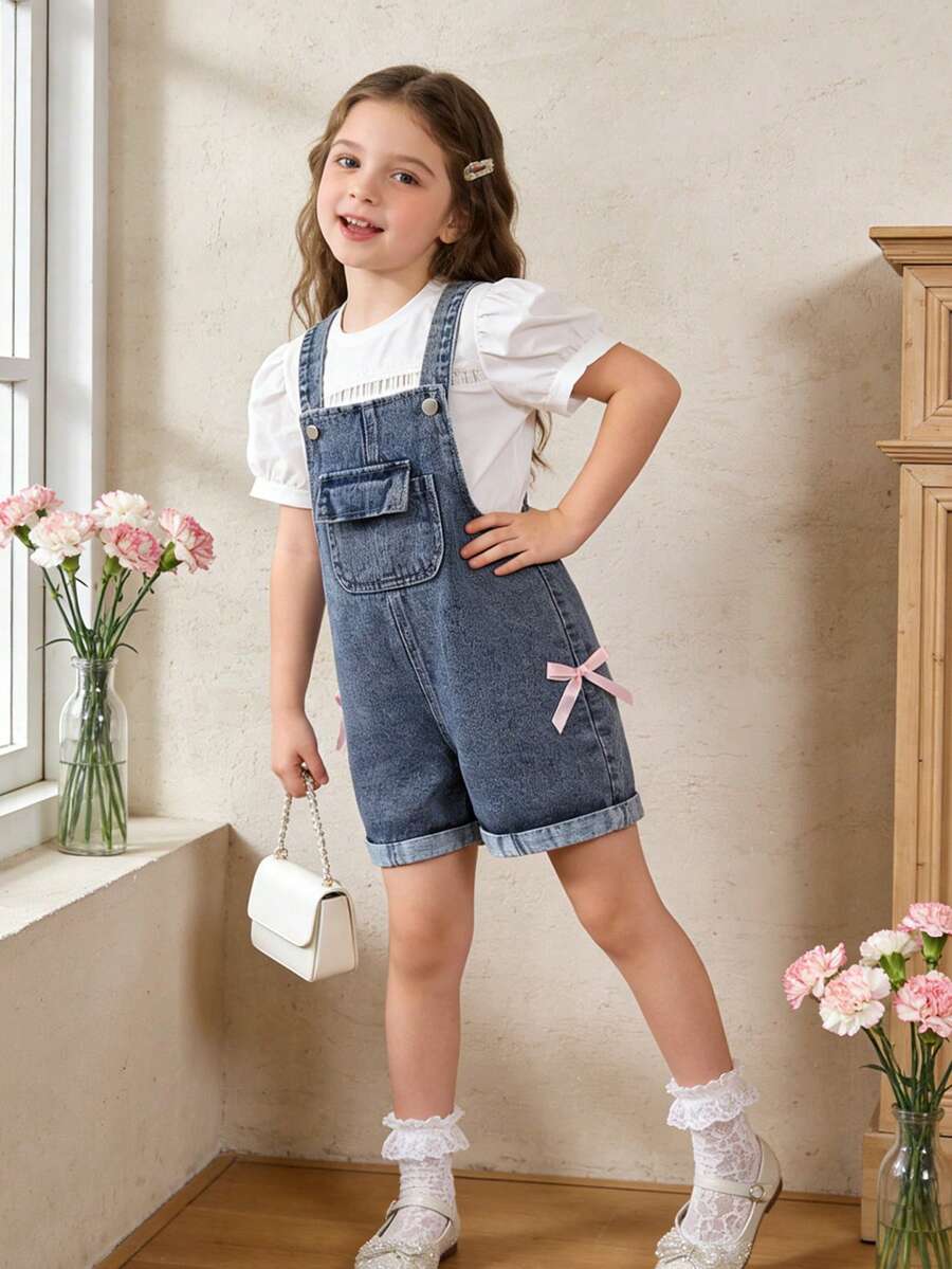 Elladie kids 女童可爱风牛仔背带短裤,春夏款,中蓝色牛仔布,粉色蝴蝶结设计,直筒裤型,面料柔软舒适,适合上学、通勤、日常外出穿着。 - 中等水洗藍 - 查看 1