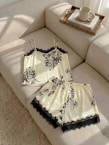 Resyla Lace Trim Plants Print Satin Pajama Set - Beige - View 2