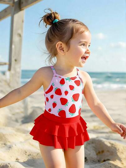 SHEIN GraphicGems Baby Girls' Strawberry Print Swimsuit, Pink Base Color, Soft & Stretchy Fabric, Cross Strap One-Piece Swimwear With Skirt, 2pcs Set, Suitable For Infant/Baby GirlSwimming, Beach, Pool, Summer Holiday