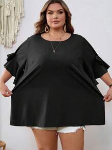 SHEIN CURVE+ Curve 尺码 US22 音乐节、海滨度假、波西米亚风女士蝴蝶结装饰圆领紫红色衬衫，夏季 - 黑色 - 查看 6