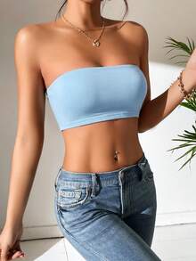 SHEIN PETITE Women's Solid Color Cropped Sexy Bandeau Top,Summer Top ,Petite Women - Baby Blue - View 6
