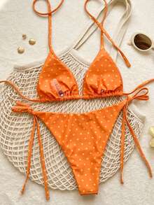 Swim Mod Set Bikini Segitiga Pinggang Rendah Seksi Model Halter untuk Wanita Musim Panas Terbaru, Warna Dasar Oranye dengan Motif Polkadot Kuning - Jeruk - View 2