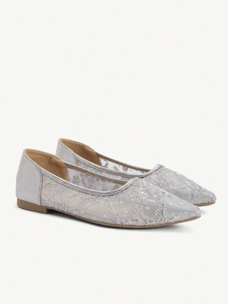 CUCCOO CHICEST Women Shoes Fashion Pointed Flat Bottom Silver Lace Mesh Elegant Comfort Commuting Comfort Versatile Women's Flat Bottom Shoes Women's Shoes