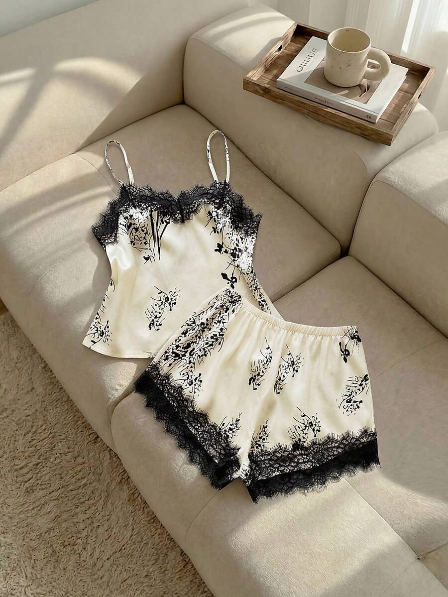 Resyla Lace Trim Plants Print Satin Pajama Set - Beige - View 1