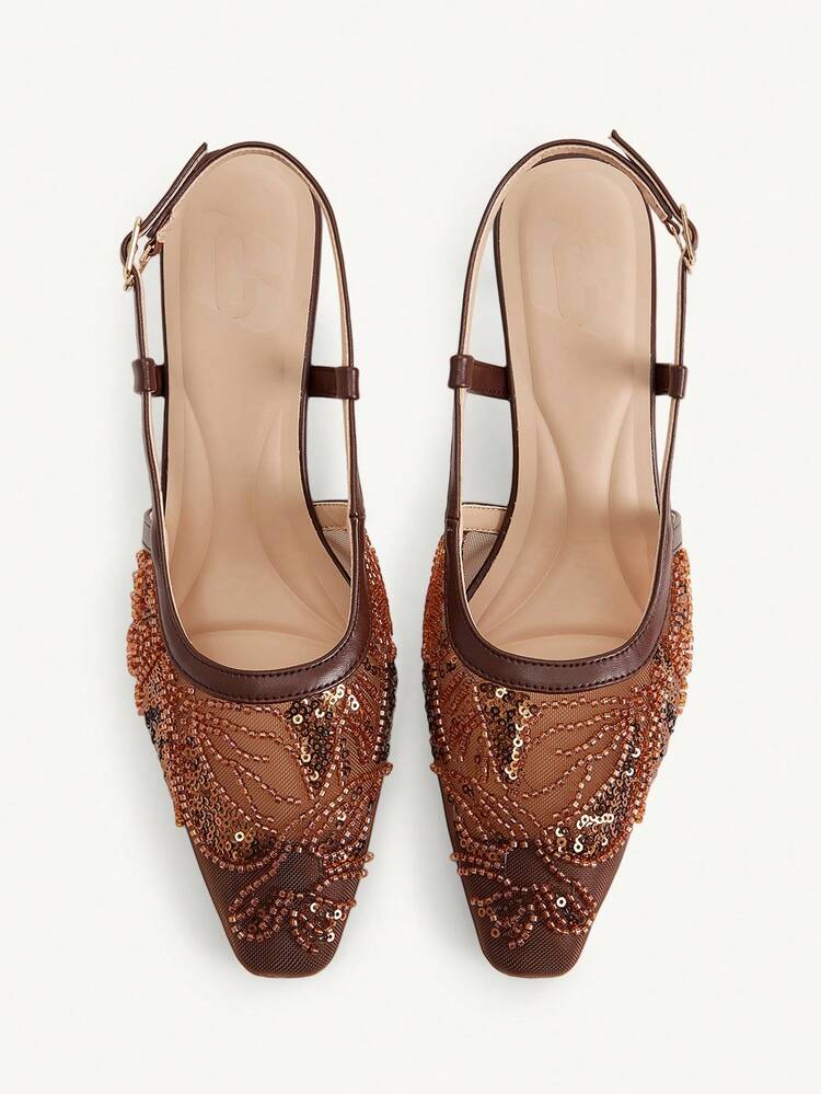 CUCCOO CHICEST Damen Kaffeefarben Bestickter Mesh Perlen Mode Elegante Party Schnürpumps mit quadratischer Spitze und Stilettoabsatz