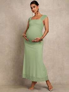 MaterniChic Maternity Solid Color Square Neck Elegant Dress - Green - View 7