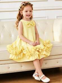 SHEIN Glamorique Kids Young Girls Elegant Princess Sleeveless Mid-Length Dress, Suitable For Outings, Parties And Other Occasions - Yellow - View 8