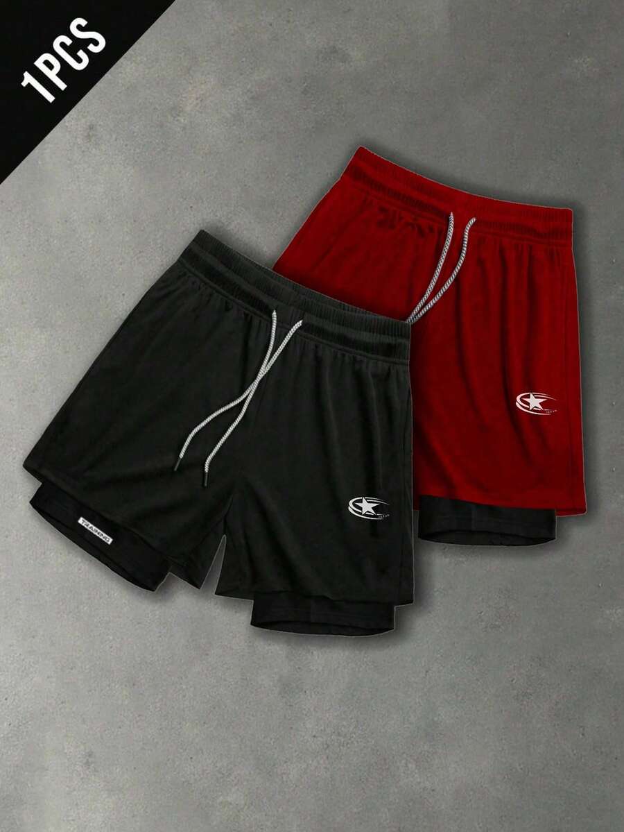 Sport MetroGents 男士星形印花双层运动短裤 - 黑色 - 查看 1