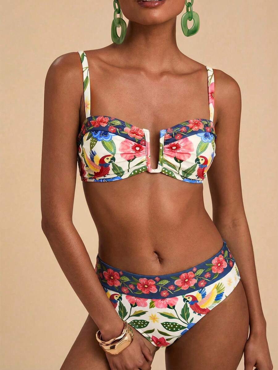 Travachic 女士热带印花泳装套装，适合海滩度假夏季比基尼泳衣 - 彩色 - 查看 1