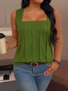 EMERY ROSE Plus Size Square Neck Pleated Tank Top - Green - View 5