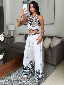SHEIN Women's Floral Print Halter Top And Wide Leg Pants 2 Pieces Set, Vacation Outfit - Multicolor - View 6