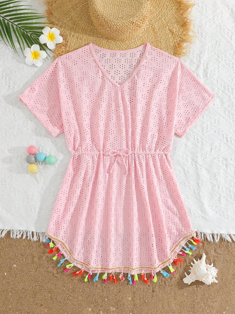 SHEIN Cubrecuerpo de ganchillo rosa lindo para adolescentes, de manga corta y cuello en V, cubrecuerpo bordado calado rosa con protección solar, nuevo estilo de verano, ropa de playa transpirable, con cuello en V, cintura con cordón y bajo con flecos de colores, amigable con la piel y antitranspirante, moda para vacaciones en la playa/piscina - Rosa - Ver 1
