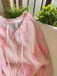 Airaco Áo sơ mi dài tay cổ buộc nơ kiểu dáng thường ngày dành cho nữ, thích hợp cho mùa hè. - Màu Hồng baby - Xem 4