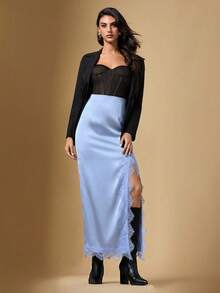 Briarwyn Falda larga de cintura alta azul claro para mujer en verano, otoño, elegante, falda casual de satén para fiestas, Día de San Valentín, vacaciones de primavera para mujer - Celeste - Ver 3