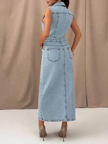 Woman's Sleeveless Button Front Washed Blue Denim Midi Dress With Casual Style - Light Wash - View 2