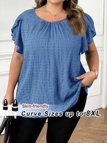SHEIN CURVE+ 大码女式早春蓝色花瓣袖衬衫 - 霧霾藍 - 查看 6