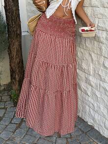 Sunnyshic Women's Elegant Casual Vacation Versatile Daily Wear Fashionable Plaid Fabric Waist Tie Cinched Waist Long Skirt, Spring/Summer - Multicolor - View 3