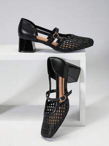SHUZIA Bombas Mary Jane de rafia de ganchillo para damas - Negro - Ver 5