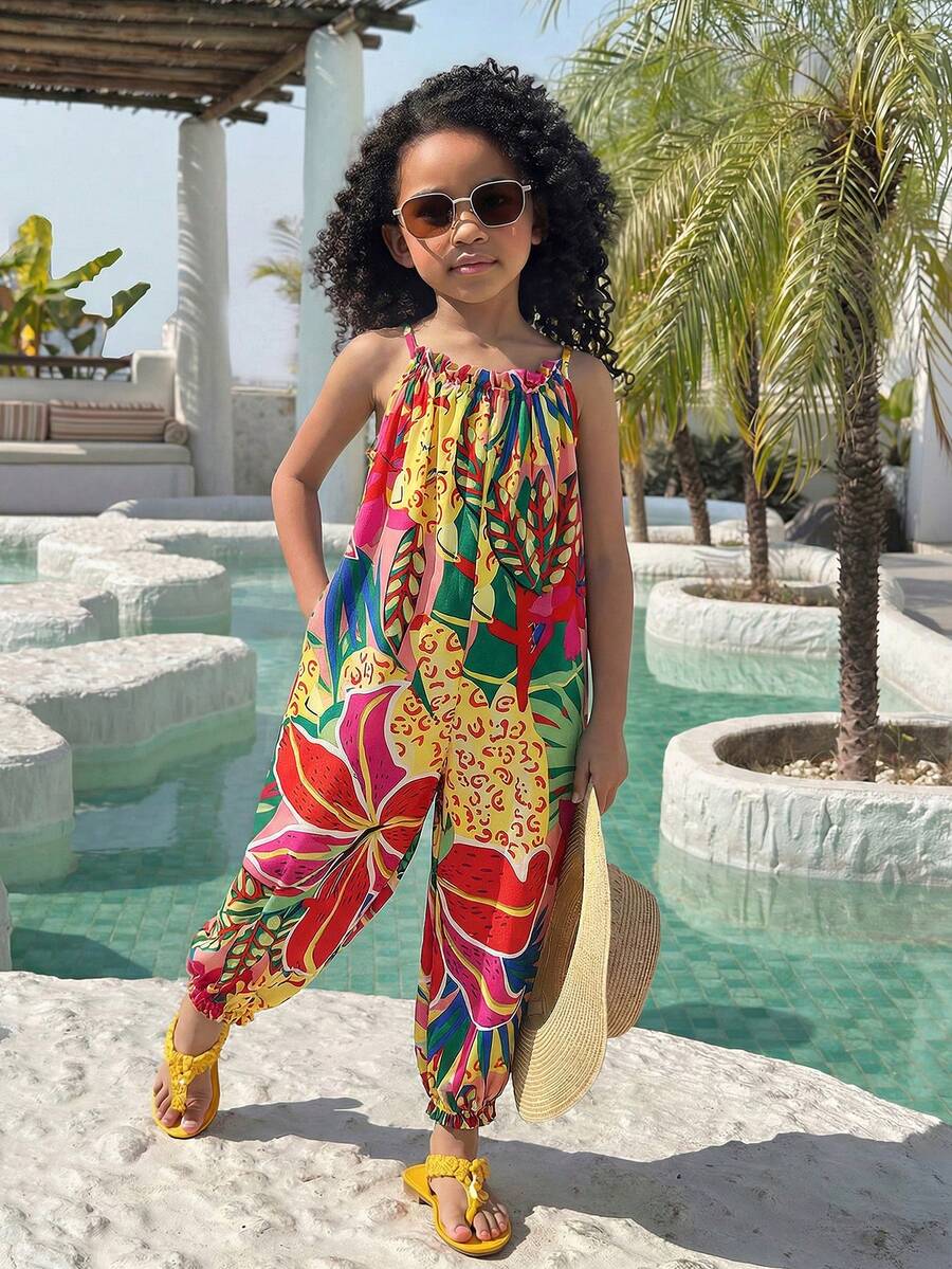 Young Girl Vacation Casual Chiffon Ditsy Floral Jumpsuit - Multicolor - View 1