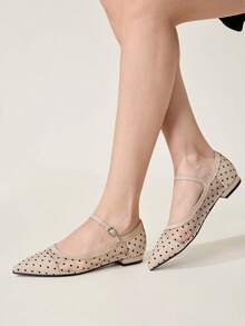 CUCCOO CHICEST Zapatos de mujer de punta estrecha y tacón bajo, con estampado de lunares en color albaricoque, malla y hebilla. Diseño de estilo sencillo y elegante, ideal para primavera y verano, versátil para uso diario y de oficina. - Albaricoque - Ver 8