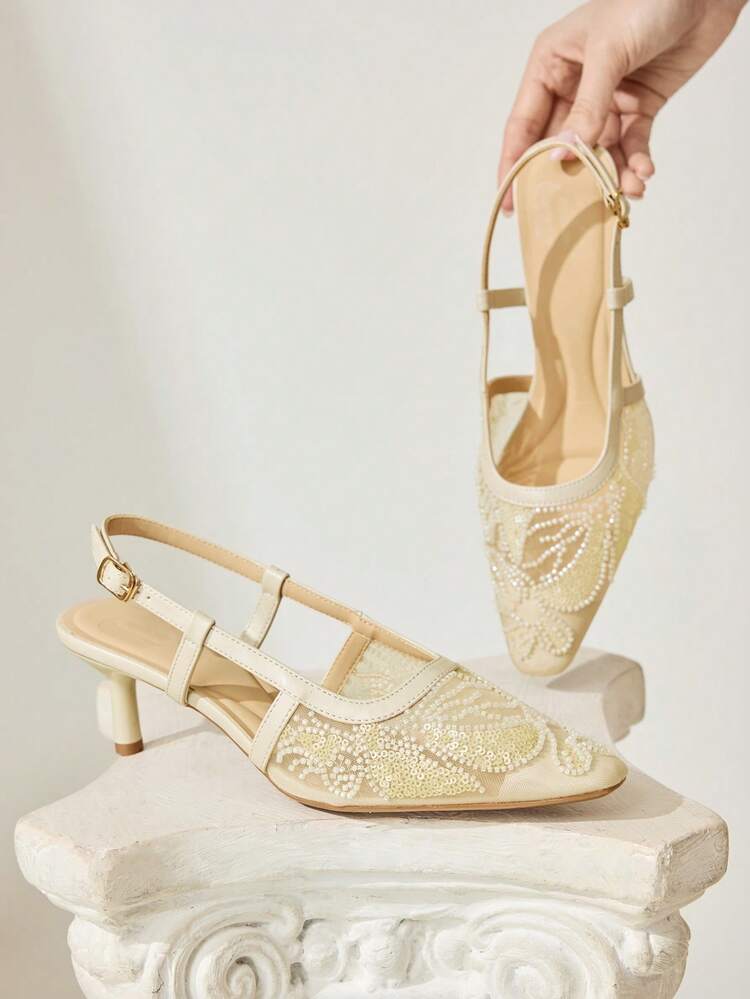 CUCCOO CHICEST Women's Square Toe Mid-Heel Beige Embroidered Mesh Beaded Elegant Party Ankle Strap Pumps Wedding Shoes Summer Shoes Bride Shoes