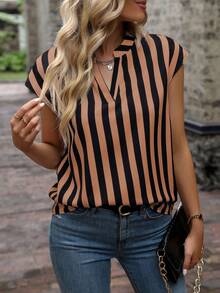 SHEIN LUNE Striped Print Cutout Collar Casual Short Sleeve Shirt - Coffee Brown - View 7