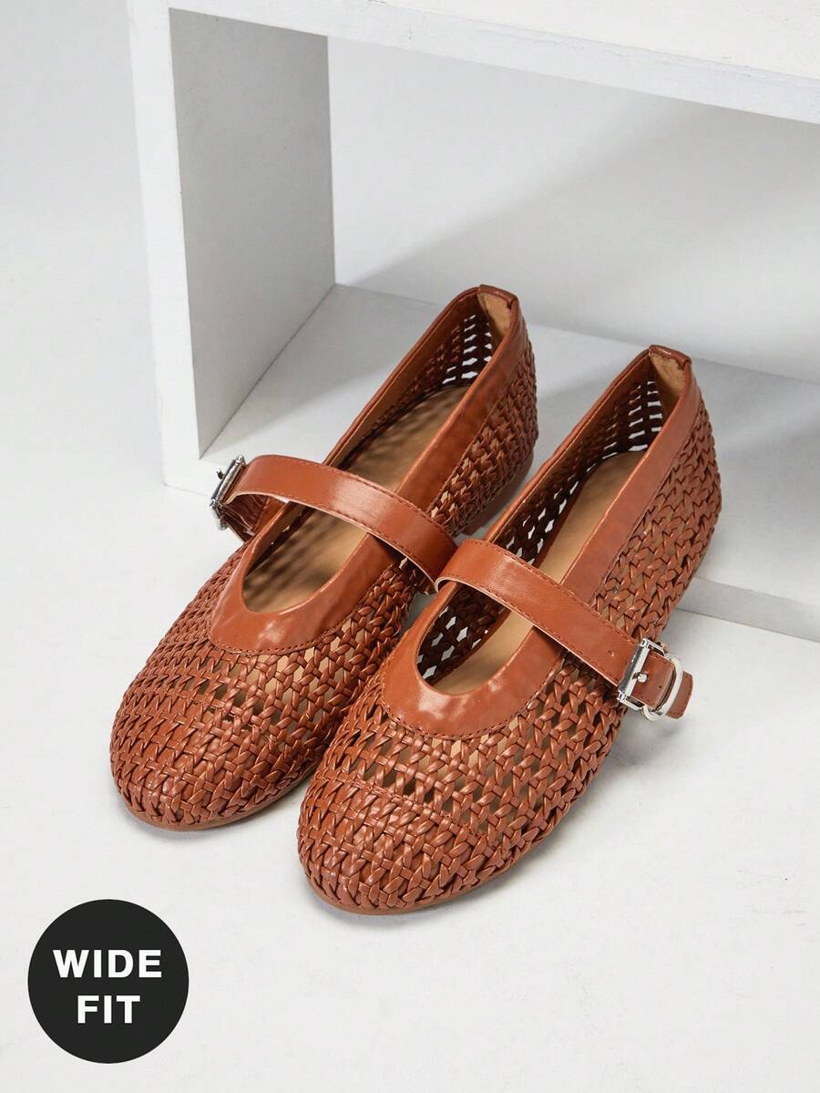 SHUZIA Ladies Wide Fit Crochet Woven PU Mary Jane Flats - Mocha Brown - View 1