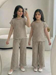 SHEIN Tween Girls' Casual Crew Neck Short Sleeve Top And Tank Set - Black - View 1