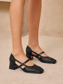 SHUZIA Bombas Mary Jane de rafia de ganchillo para damas - Negro - Ver 2
