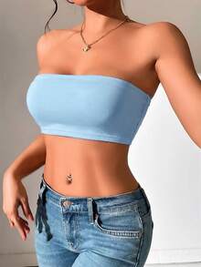 SHEIN PETITE Women's Solid Color Cropped Sexy Bandeau Top,Summer Top ,Petite Women - Baby Blue - View 4