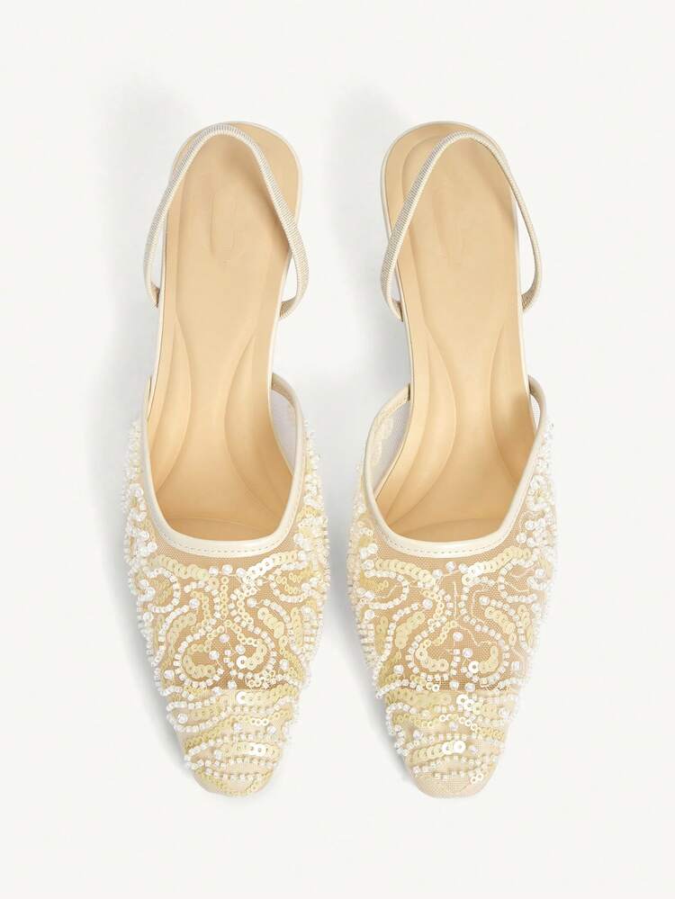 CUCCOO CHICEST Women Shoes New Small Square Toe Medium Thin Heel Beige Mesh Embroidered Beads Fashionable And Elegant After The Banquet Strap Thin High Heel Women's Shoes Women's Slingback Shoes Wedding Shoes Summer Shoes Bride Shoes