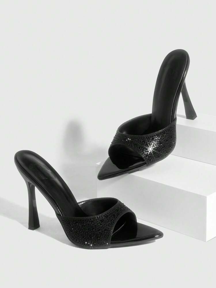 CUCCOO SZL Women Shoes Pointed Stiletto Black Rhinestone Sexy Fashion Elegant Women's High Heel Sandals Slippers With Skirts Everyday Versatile Sexy Banquet Party Women's Sandals Spring Shoes Prom Heels
