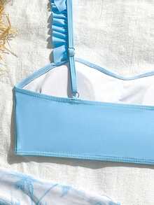 SHEIN 少女比基尼套装，浅蓝色褶皱分体泳衣，椰树网纱裙摆三件套，夏季新款亲肤速干泳衣，蘑菇边肩带设计，高腰全包臀版型，适合海滩度假、沙滩、游泳池、水上乐园等场合，清新温柔风格，必备女士夏季两件套泳衣，适合青少年，女士夏季两件套泳装，女士夏季套装，女士夏季泳装，夏季泳衣，沙滩装泳装，女士青少年泳装 - 藍色 - 查看 6