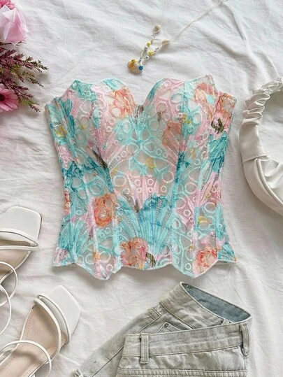 Soleia European And American Youthful Vacation Sexy Avant-Garde Off-The-Shoulder Lace Double-Layer Fitted Corset Bustier Top, INS Pink Sweet Romantic Floral Hollow Embroidered Shapewear, Late Night Outfits Women Tops For Going Out, Wedding Guest Dress Women Fall Women Clothes,Summer Top