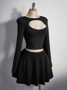 SHEIN ICON Bộ đồ Halloween cỡ lớn dành cho nữ gồm áo dài tay khoét eo và chân váy ngắn, trang phục Velma. - màu đen - Xem 5