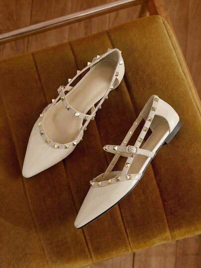 秋冬铆钉装饰尖头玛丽珍平底鞋，杏色时尚铆钉纯色女式平底鞋