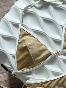 Swim Vcay 春夏纯色三角无钢圈露背吊带泳衣套装，性感比基尼泳装，适合海滩度假，新款女士泳装，带胸垫泳衣 - 薑色 - 查看 2