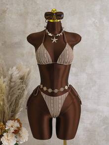 Zestiva 夏季女士三件套：蕾丝提花网纱三角比基尼上衣（系带领口）、系带泳裤和不对称网纱T恤，沙滩泳装套装 - 咖啡棕 - 查看 3