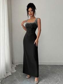 Elenzga 无袖方领收腰珍珠水钻装饰优雅浪漫修身连衣裙，适合派对、婚礼等场合。 - 黑色 - 查看 3